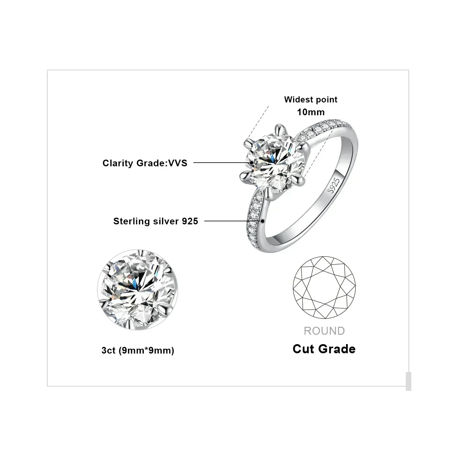 JewelryPalace Moissanite D Color 0.5ct 1ct 1.5ct 2ct 3ct Round S925 Sterling Silver Wedding Engagement Ring for Women