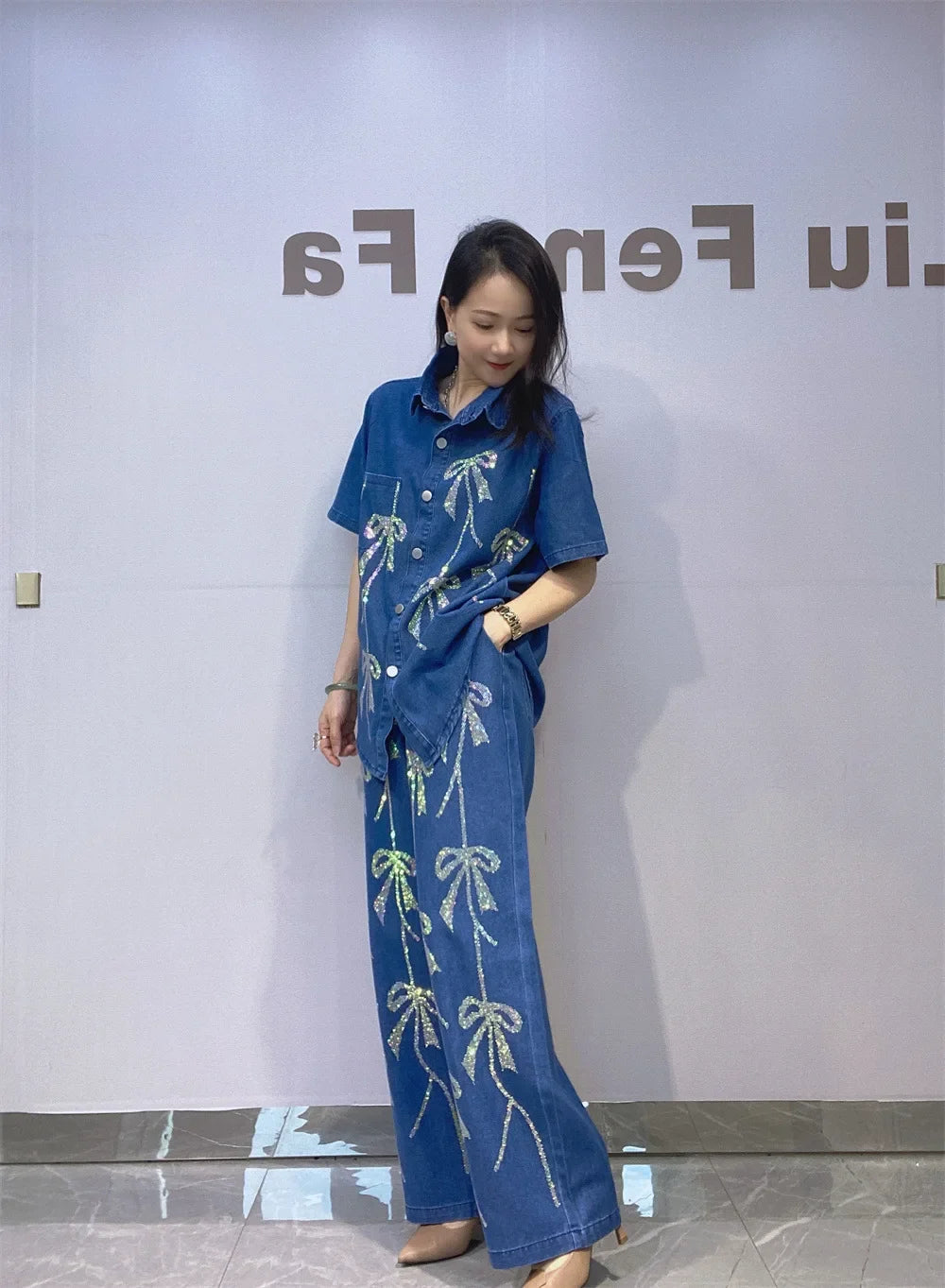 Sequins Bow Short Sleeve Denim 2 Pieces Set For Woman Outfits Casual Wide Leg Pant Sets Y2k Clothes Vestidos Streetwear Outwear