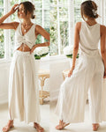 Summer Casual Shirt Sets New Women's Fashion Solid Color Drawstring Short-sleeved Tops Wide-leg Slit Trousers Two-piece Set Suit