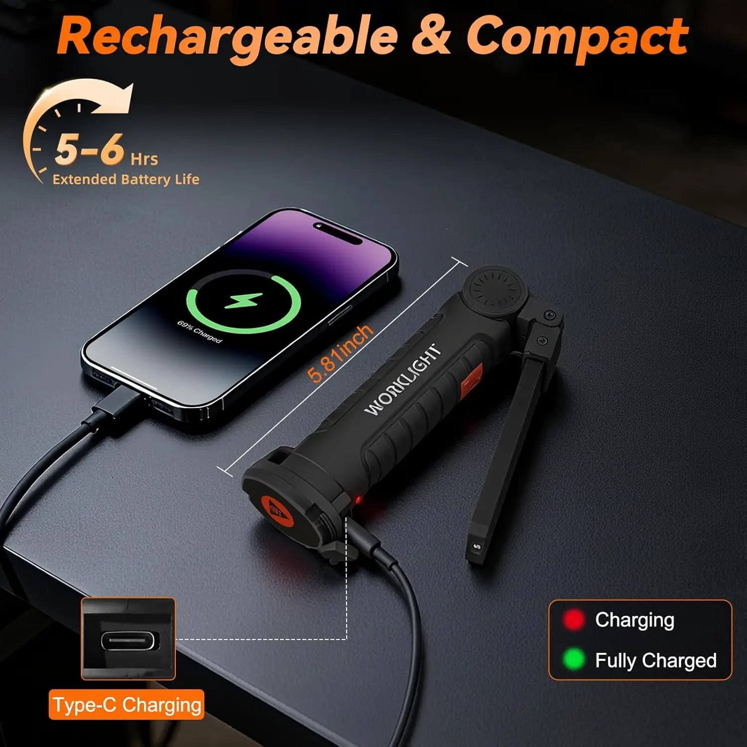 360° Rotating LED Work Light Sets 5 Modes USB Rechargeable Magnetic Base Hanging Hook Waterproof for Garage Auto Repair Camping
