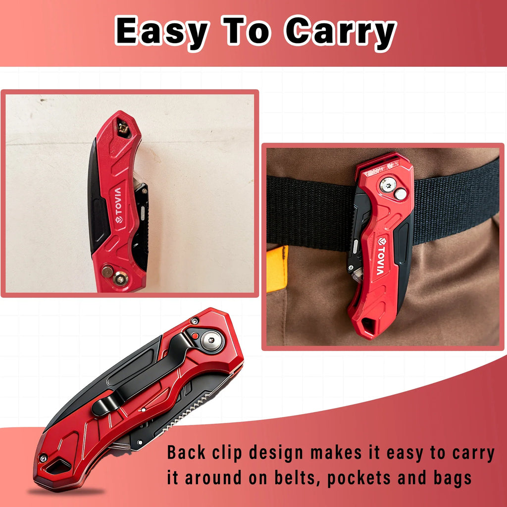 T TOVIA Folding Utility Knife with Blade Storage - Quick-Change Retractable Box Cutter, 3 Extra Blades in Handle, Aluminum Body.
