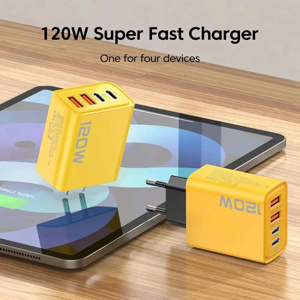 Total 120W USB Type C Charger 4 Port Fast Charging USB Phone Charger Adapter For iPhone Samsung Xiaomi Quick Charge Wall Charger