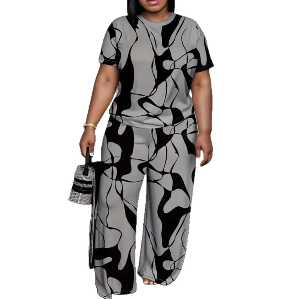 Conjuntos Femininos Summer Short-sleeved Fashion Print Suit Women's Round Neck Large Size T-shirt Wide-leg Trousers 2 Piece Suit
