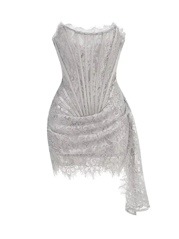 TARUXY Sexy Lace See-through Patchwork Corset Dress Female Bodycon Elegant Party MIrrgualr Mini Dress Women Tube Top Dress New