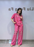 2026 Summer Sequins Flower Short Sleeve T Shirt & Wide Leg Pant Sets Woman 2 Piece Outfits Casual Matching Sets Bust118cm
