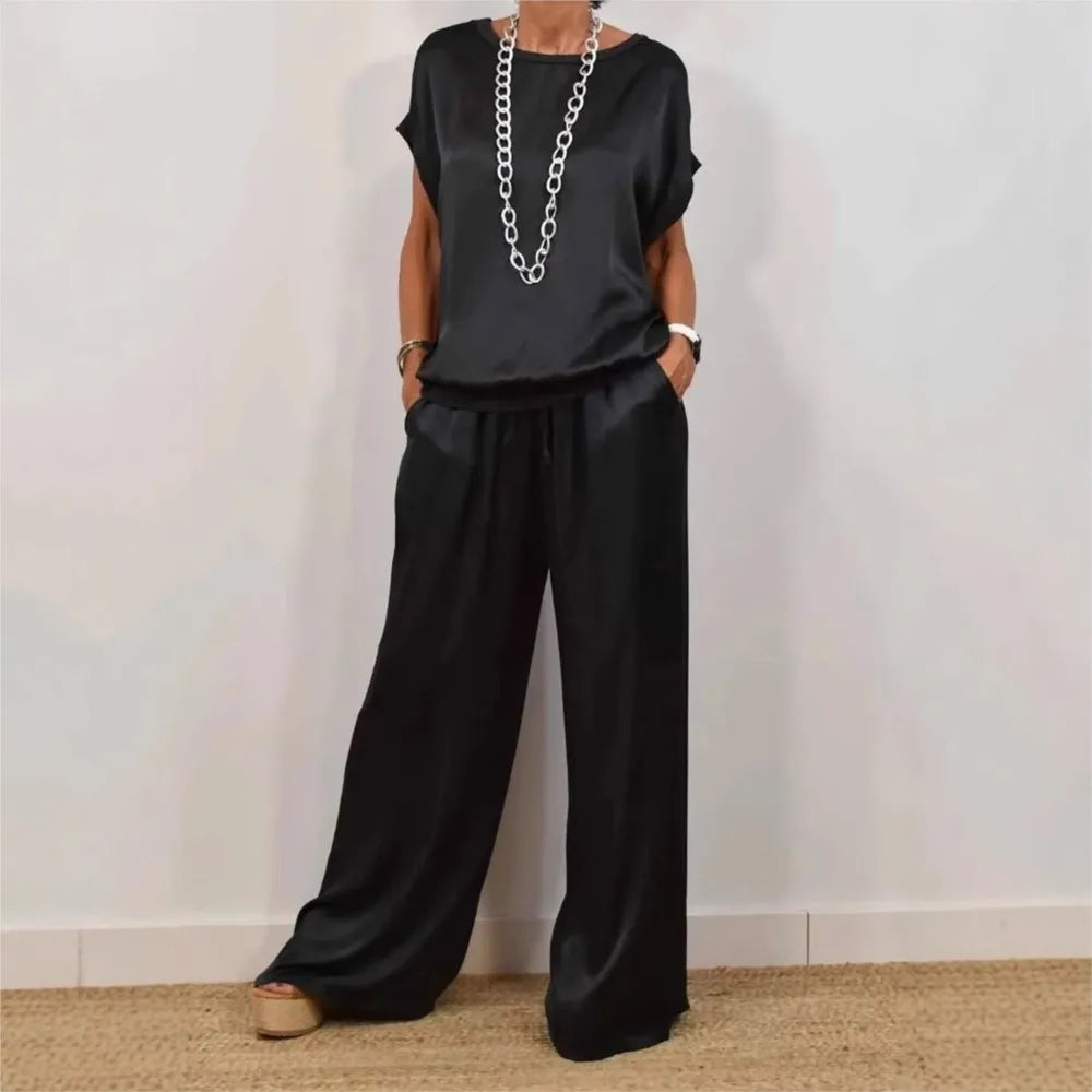 2-piece Set Fashion Satin O Neck T-shirt Top Trousers Summer Retro Elegant Casual Loose Wide-leg Pants Female Home Clothing Suit