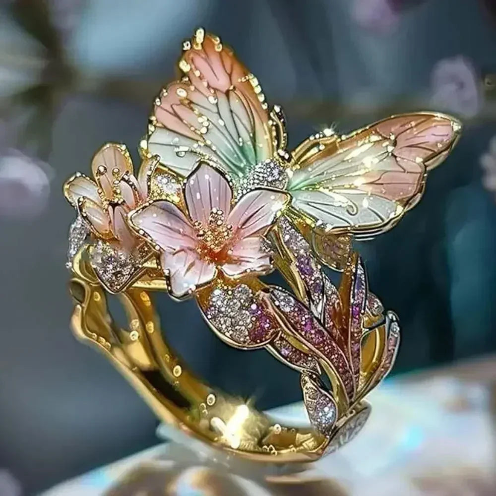 Aesthetic Flower Butterfly Rings for Female Romantic Rhinestone Stylish Non-fading Opening Ring Women Wedding Jewelry Party Gift