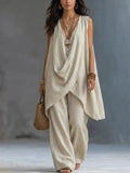 2026 Summer Linen Cotton Sleeveless Stand Collar Set Women Casual Loose Fit Solid Wide Leg Pants Vacation Outfit
