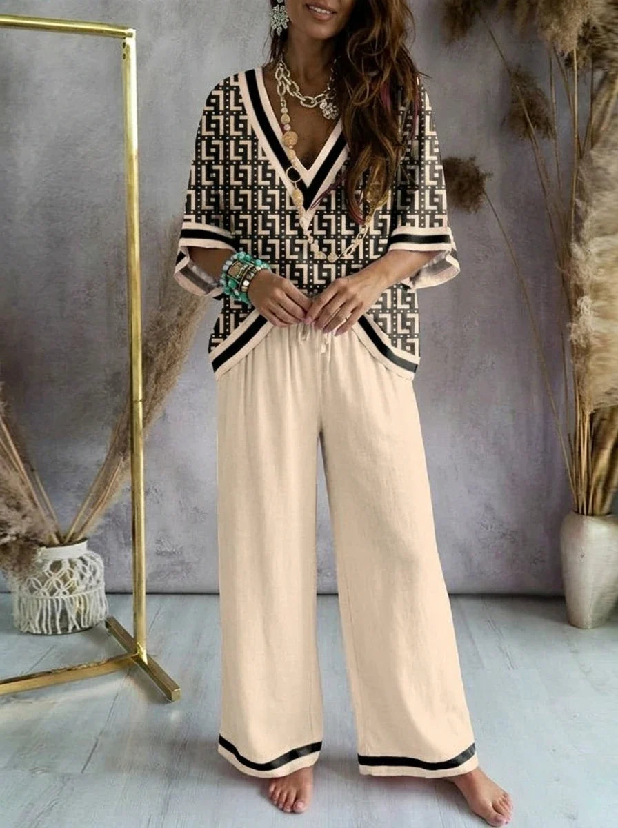 Missuoo Women's Loose Geometric Print V Neck Batwing Sleeve Top & Wide Leg Pants Set 2026 Summer Casual Loose 2 Piece Outfit