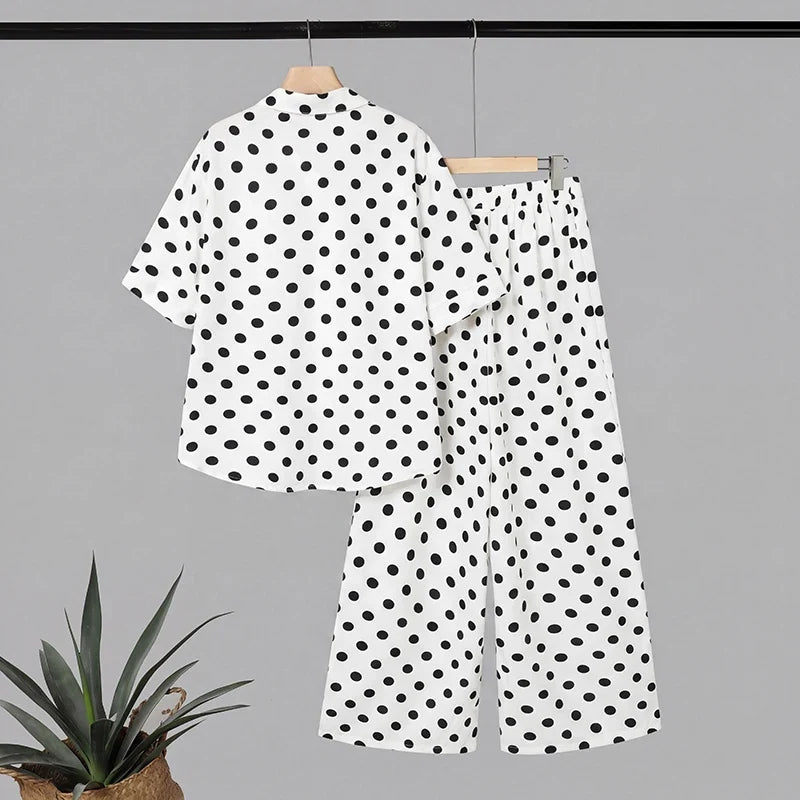 Stylish Polka Dots Outfits Women 2 Pieces Pants Sets ZANZEA Summer Lapel Neck Short Sleeve Shirt Office Wide Leg Trousers Suit