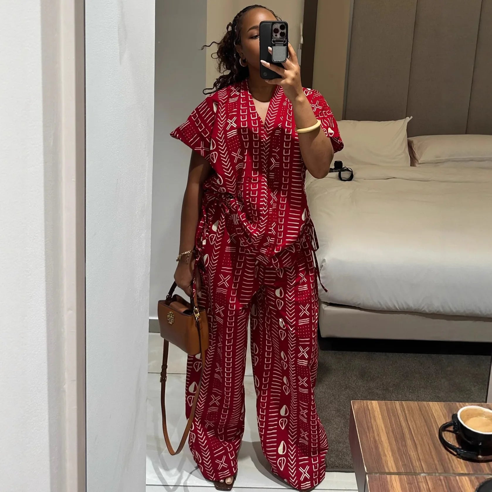 Women Two Pieces Pant Sets Solid Matching Set Pullover V Neck Printing Top High Waist Lace Up Pants Loose Fit Casual 2025 Summer