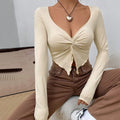 Fairyshely 2026 Autumn Winter V Neck Bodycon T-shirt Sexy Women Long Sleeve Bodycon Crop Top Lady Apricot Y2K Club Short Tops