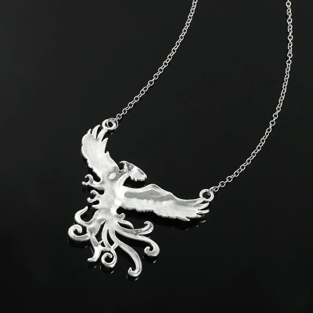Exaggerated Vintage Silver Color Phoenix Pendant Necklace Classic TV Shows Creative Accessories Men Women Jewelry Accessories