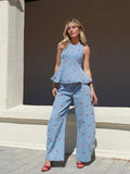Denim Printed Sleeveless Pants  2-piece Set Women's Elegant Round Neck Fashion Short Shirt Long Pants Suit 2026 Street Outfit