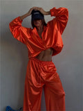 2026Spring Autumn New Satin Women's Sports Suit Fashion Zipper Long Sleeve Jacket Casual Loose Female Wide Leg Pants 2 Piece Set