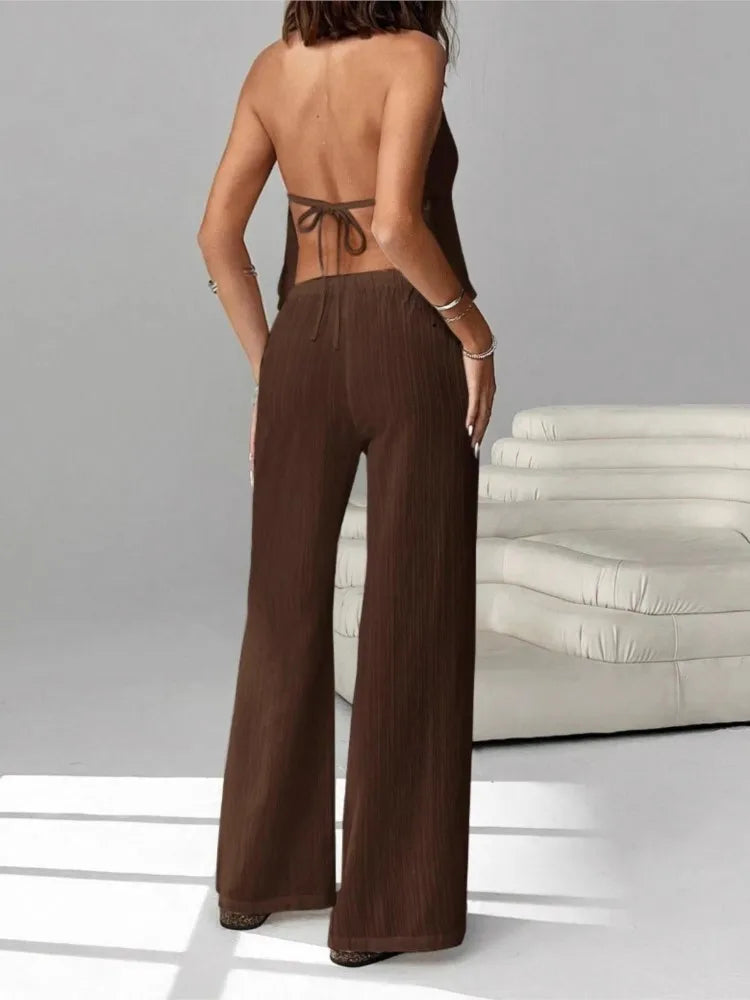 Fashion White Woman 2 Piece Set Outfit Spring And Summer Women's Halter Neck Strap Sexy Backless Sleeveless Vest Slim Suit