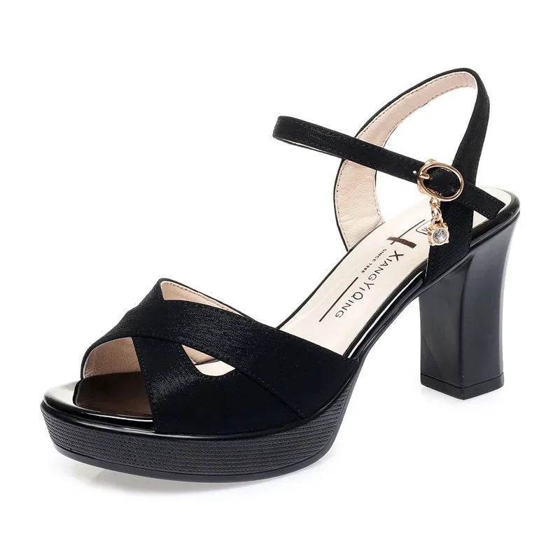 34-40 Peep Toe Women's Sandals Summer 2025 Platform Concise Thick High Heel 8 Cm Women Shoes Offers Dress Black and Gold Shoes