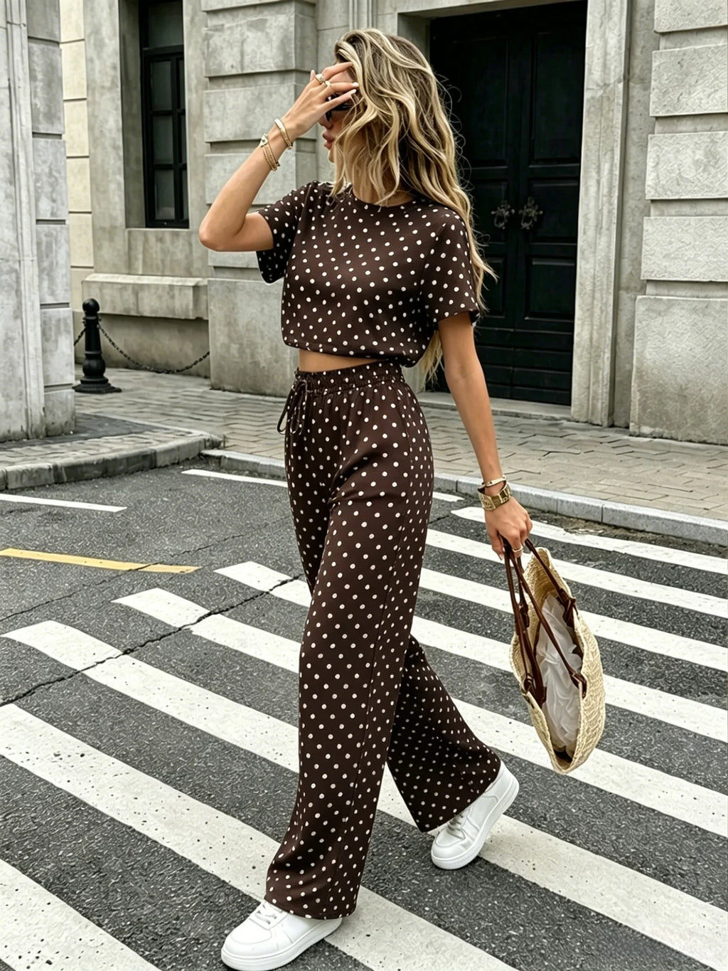 Women Polka Dot 2 Pcs Summer Set Short Sleeve Crop Top Drawstring Wide Leg Pants, Vacation Streetwear Matching Outfits