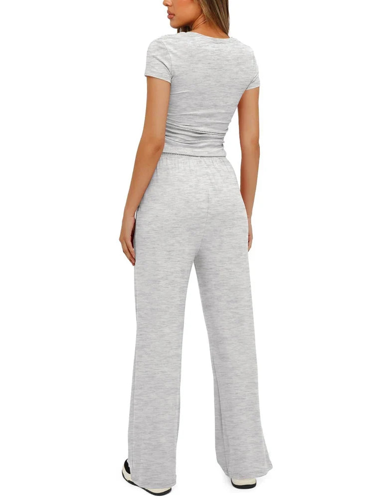Summer Solid Loose Casual Tracksuit Women's Two Pieces Set O Neck Short Sleeves T-shirts and Wide Leg Pants Sets Sportswear Set