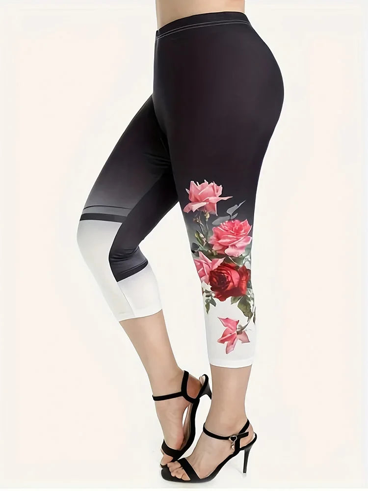 Plus Size Large Casual Set, Summer New Contrasting Rose Flower Print Oversized Round Neck T-Shirt Pants, Slim Fit Two-Piece Set