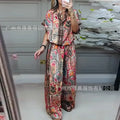 Retro Bohemian Print Set 2025 Summer Women's Two-piece Suit Short-sleeved Shirt Top + Wide-leg Pants for Summer Vacation Female
