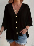 Plus-size Women's T-shirt Solid Color Breathable Spring/summer V-neck Button Travel Casual Wear with European and American Style