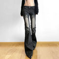 Women's Jeans  New American Retro Street Style Plant Print Washed Vintage Low-Rise Flare Pants Trendy Versatile