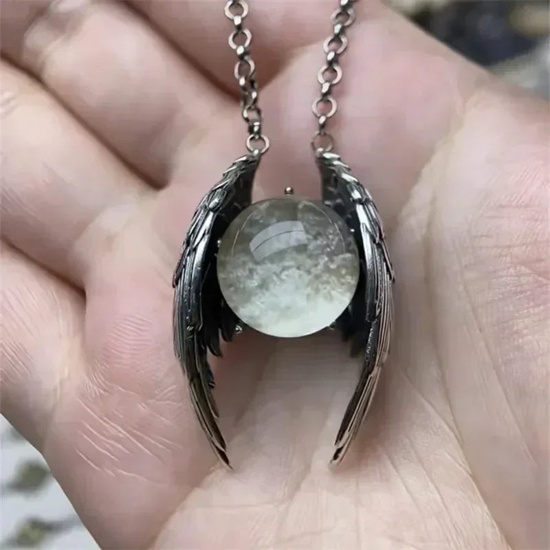 Personality Angel Ghost Beads Wings Pendant Necklace for Men Women Guard Angel Necklace Hip Hop Jewelry Accessories
