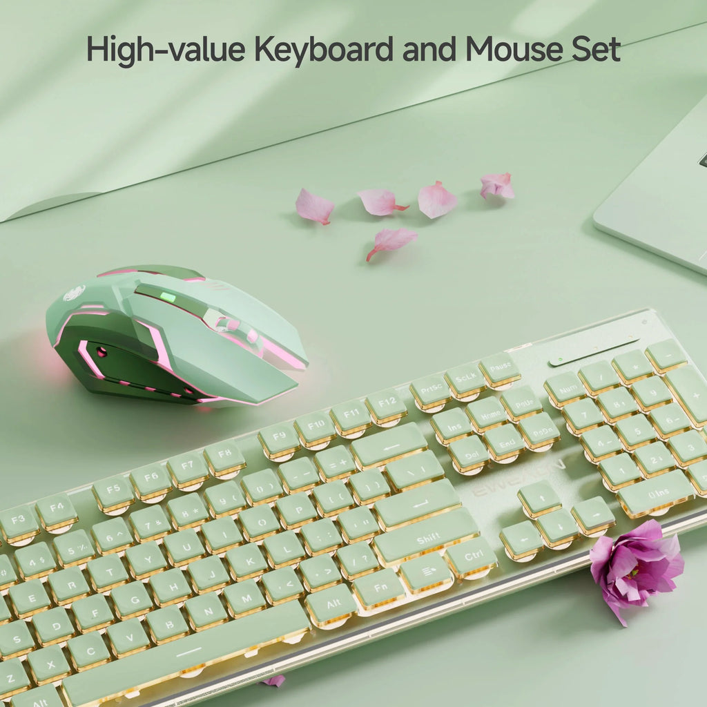 EWEADN Wireless Gaming Keyboard and Mouse Set, 104 Silent Keys, Backlit, All-Metal Panel, Ergonomic, Quiet Typing