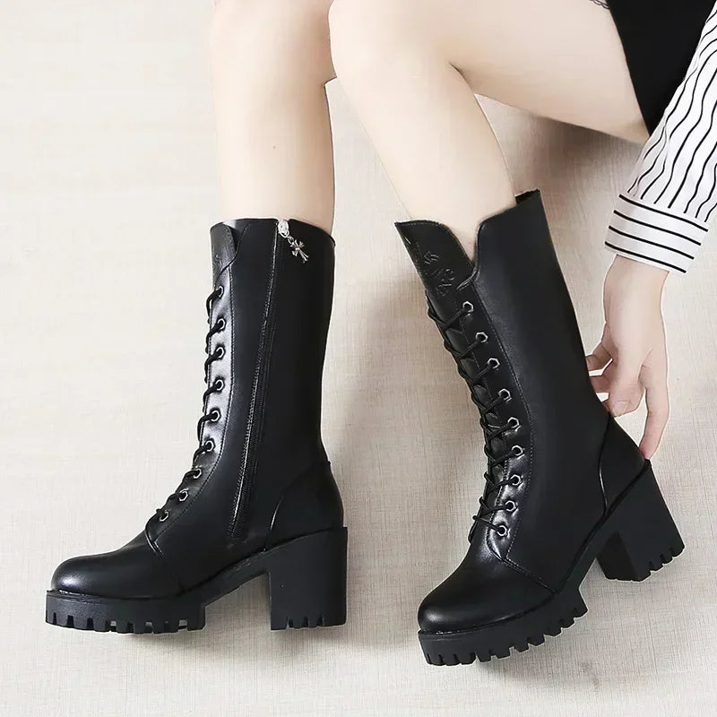 Winter Women's Boots 2025 New Thick Heel Lace-up Boots Fashion Platform Women Shoes  Zipper Round Head Women's Boots for Autumn