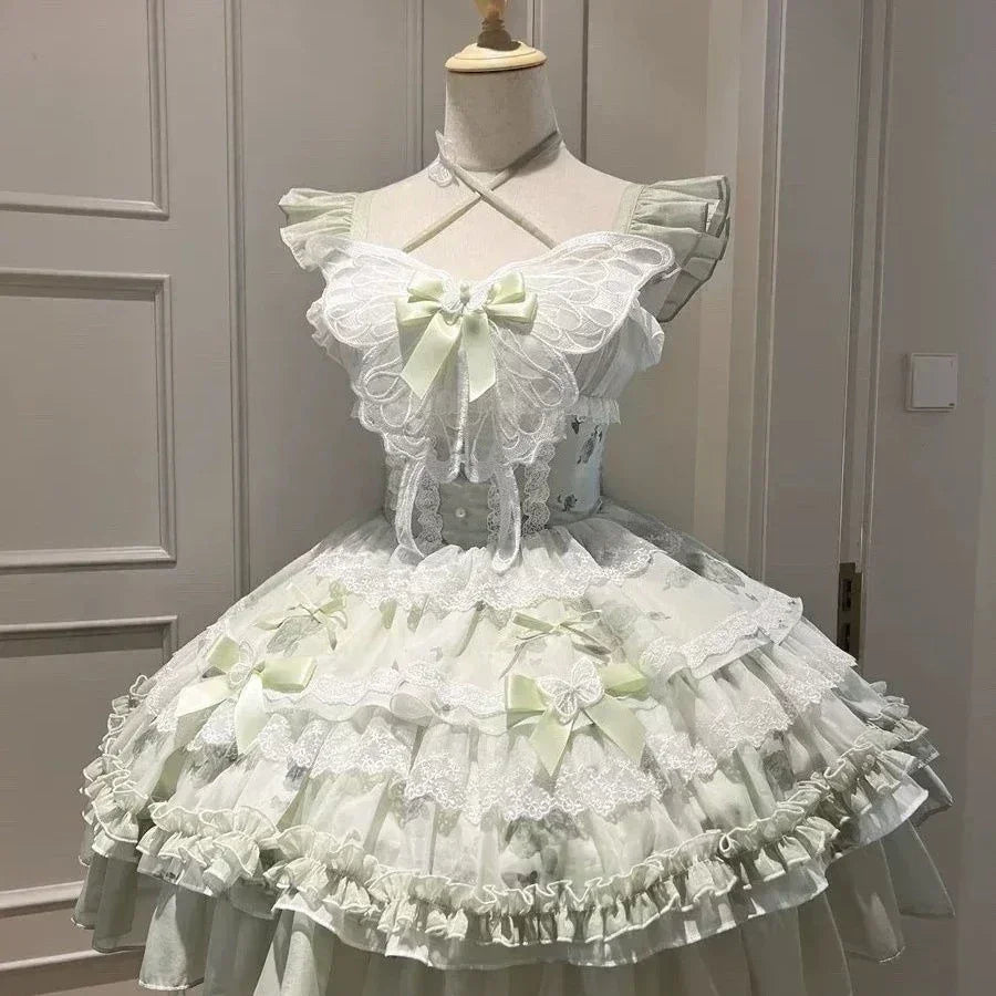 Summer Sweet Lolita Y2k Mini Dresses Women Lace Patchwork Short Sleeve Elegant Bandage French Vintage Short Party Dress Female