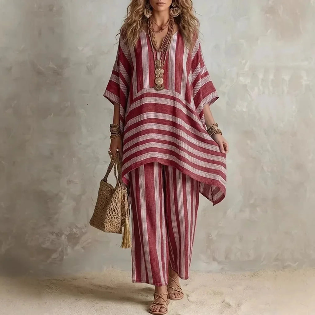 2026 New Women's Two Piece Spring/Summer Fashion V-neck Loose Striped Casual Set