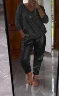 Plus-size Suit Women's Casual Fashion Metal Eye Decoration Long-sleeved Shirt Casual Pants Plus-size Women's Clothing 2025
