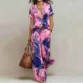 Vintage Printed Two Piece Suits Women Glossy V Neck Pocket Short Sleeve Tops & Wide Leg Trousers Sets Chic Holiday Travel Outfit