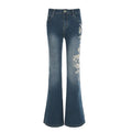 2026 Denim Trousers Y2K Flare Pants Jeans Women Embroidery Boot Cut Low Waist Washed Distressed Pockets Floor Length Streetwear