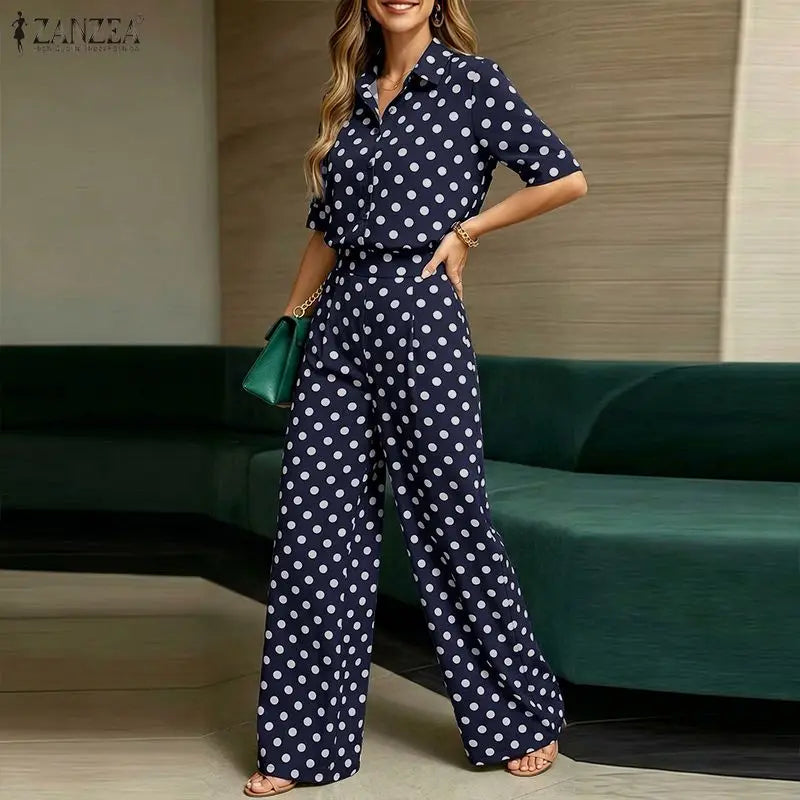 Stylish Polka Dots Outfits Women 2 Pieces Pants Sets ZANZEA Summer Lapel Neck Short Sleeve Shirt Office Wide Leg Trousers Suit