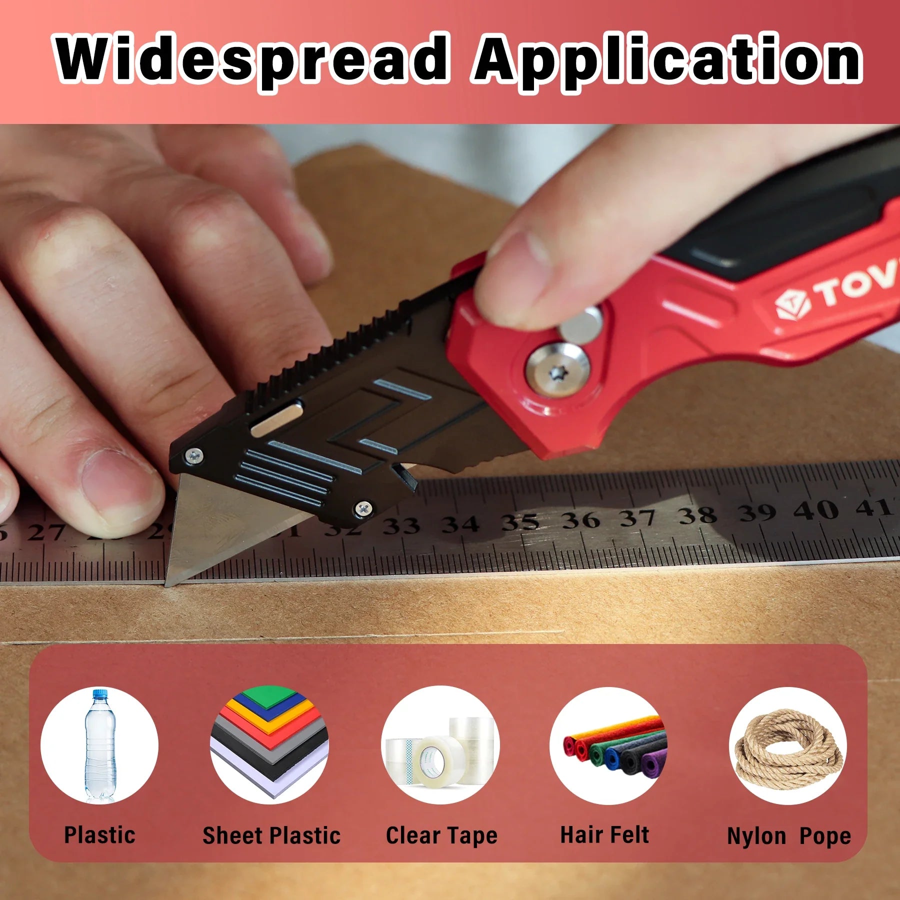 T TOVIA Folding Utility Knife with Blade Storage - Quick-Change Retractable Box Cutter, 3 Extra Blades in Handle, Aluminum Body.