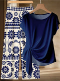 Summer Women's Plus Size Casual Loose Two-Piece Set Solid Color Twisted T-Shirt + Blue and White Printed Wide Leg Pants Set