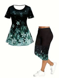 Plus Size Lady Suit Round Neck New Summer Casual Large Size Lucky Grass Print Short-Sleeved T-Shirt Pants Two-Piece Suit