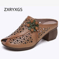 2026 New Summer Thick Bottom Slope with High Heel Slippers Genuine Leather Sandals Flowers Hollow Women Shoes Fashion Sandals