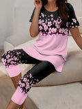 Plus Size 2 Piece Ombre Gradient Floral Loungewear Set Round Neck Short Sleeve Long Tunic Top High Waist Floral Panel Capri Legg
