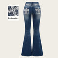 2026Trendy Y2K Style Flare Jeans for Women Dark Wash Skinny Fit with Rhinestone Embroidery Pocket Streetwear Casual Denim