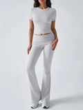 Women's Sexy Tops Suits 2026 Summer Latest Casual Solid Color Yoga Suit Slim Fit Sports Short Sleeved Pants Two-Piece Set Outfit