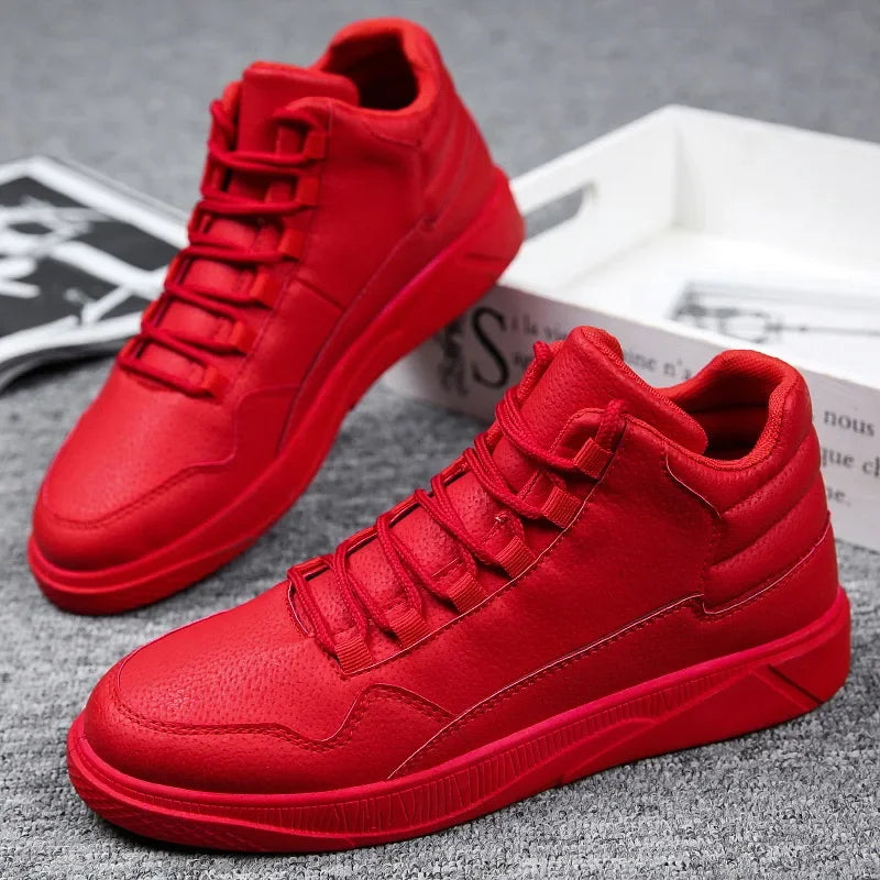 Keep Warm Men's Red High-Top Leather Skate Shoes Flat Lace-Up Sneakers Versatile Casual Streetwear Non-Slip Grip Sole Footwear