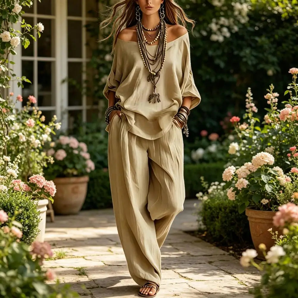 New Elegant Off Shoulder Sling Tops Long Pant Set Summer Women Casual Loose Sleeve Solid 2Pc Suits Fashion Draped Party Suits