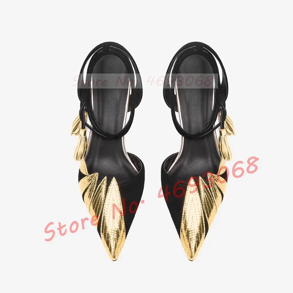 Golden Leaves Wrapped Heeled Sandals Women Fashion Metallic Leather Pointed Toe Shoes Sexy Two Tone Lace Up Fringes Sandals