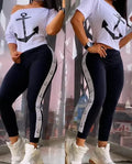 CPSYMYM Two Piece Set Women Outfit Summer  Anchor Print Short Sleeve Round Neck Top & Casual High Waist Daily Long Pants