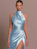 Ladies Summer Satin Evening Birthday Party Dresses Women Sleeveless Backless Halter Side Slit Elegant Long Dress Mowan Clothes