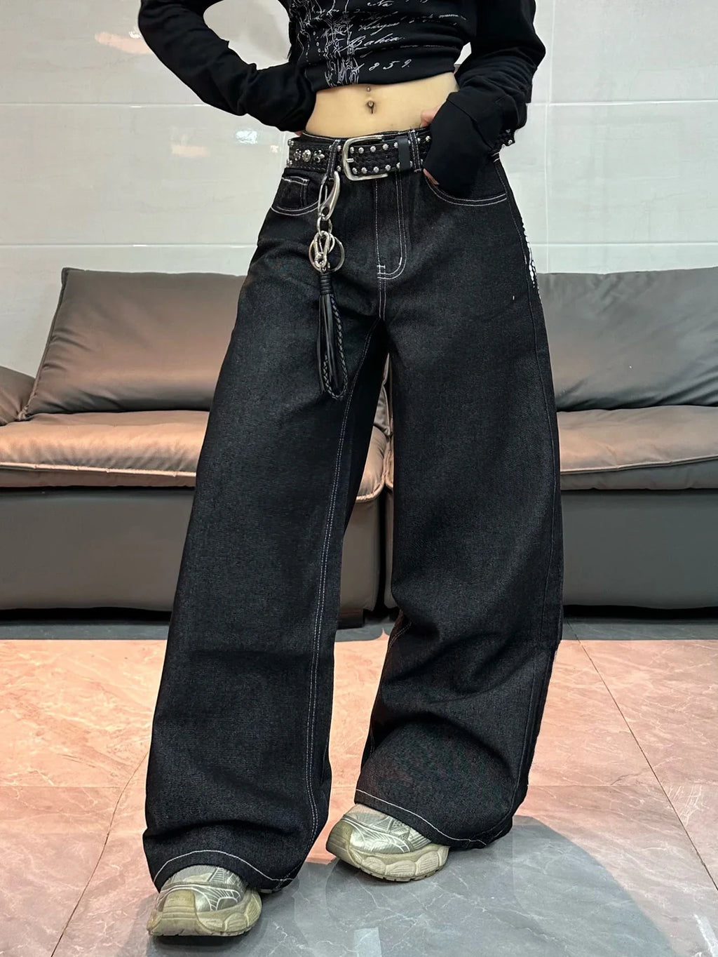 1 Pc American Retro Wing Print Loose Jeans, Street Trend Fashionable
