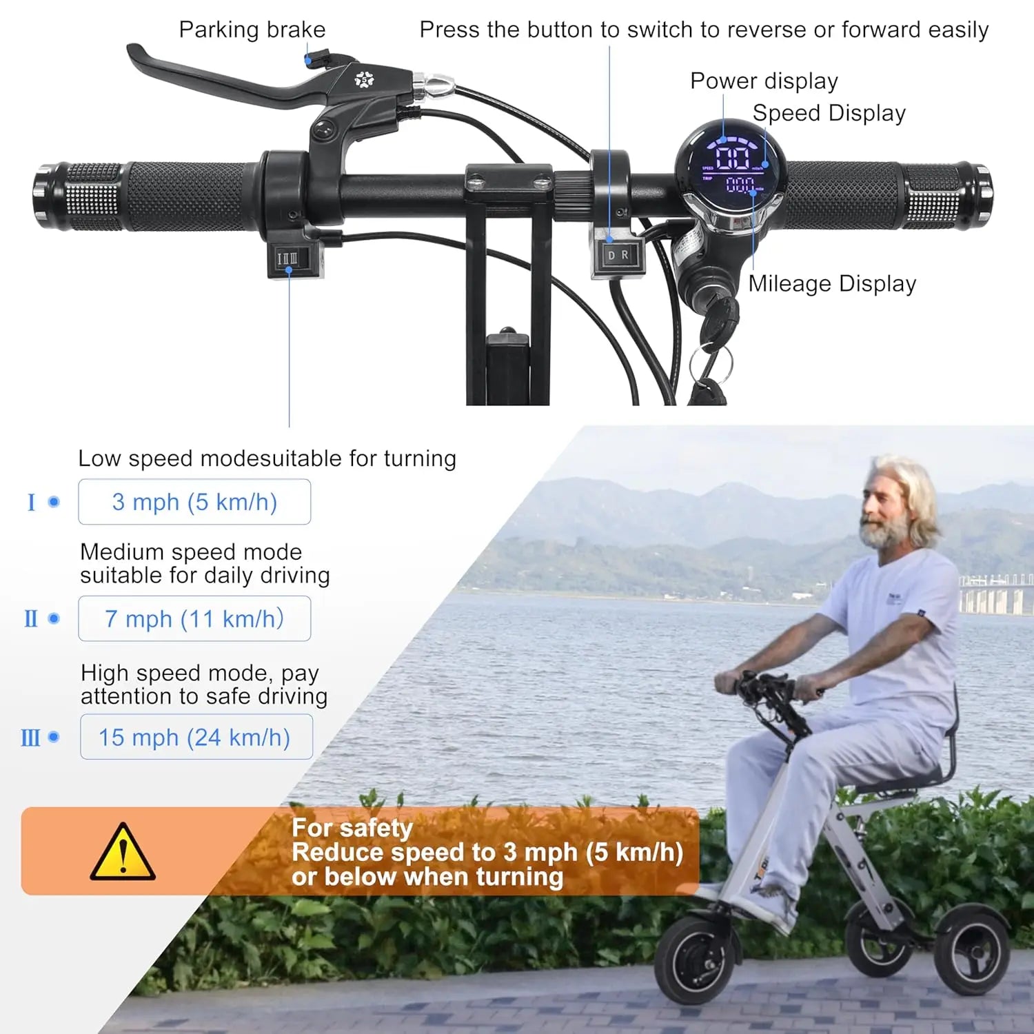 ES35 Powered Scooter 3 Wheels Foldable Trike with Backrest Seat for Adults, Lightweight Electric Scooter with, Customized